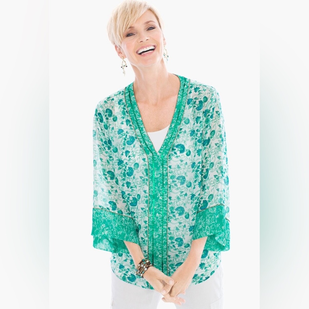 Chico’s Congo Floral Tunic Like New in White in Green with Sequins and Beads